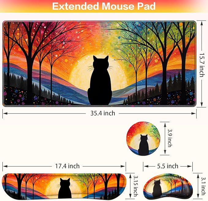 Mouse Pad with Wrist Rest Black Cat, 4-in-1 Large Mousepad+Keyboard Wrist Rest+Mouse Pad Wrist Support+Cup Pad Set,Ergonomic Mousepad,Memory Foam Desk Mat for Home Office Gaming(35.4×15.7in)