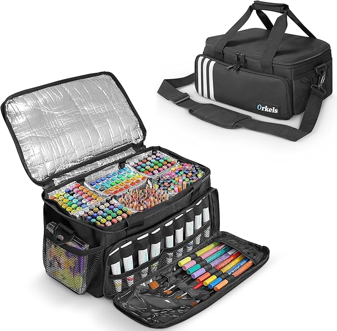 ORKELS Craft Paint and Marker Organizer, Acrylic Paint Storage Bag with Brush and Bottle Holders, Large Marker Carrying Case for Artists (Black)