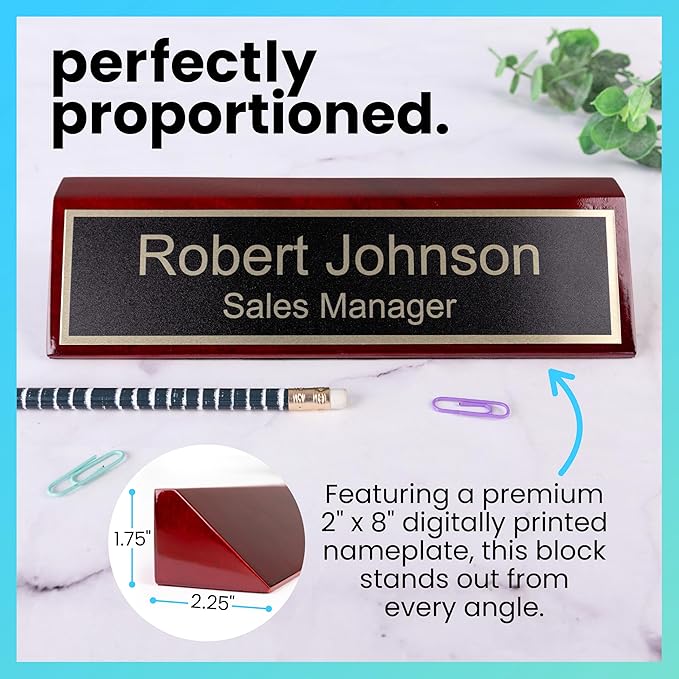 ExcelMark Personalized Rosewood Business Desk Black Name Plate with Gold Letters - 2"x 8"