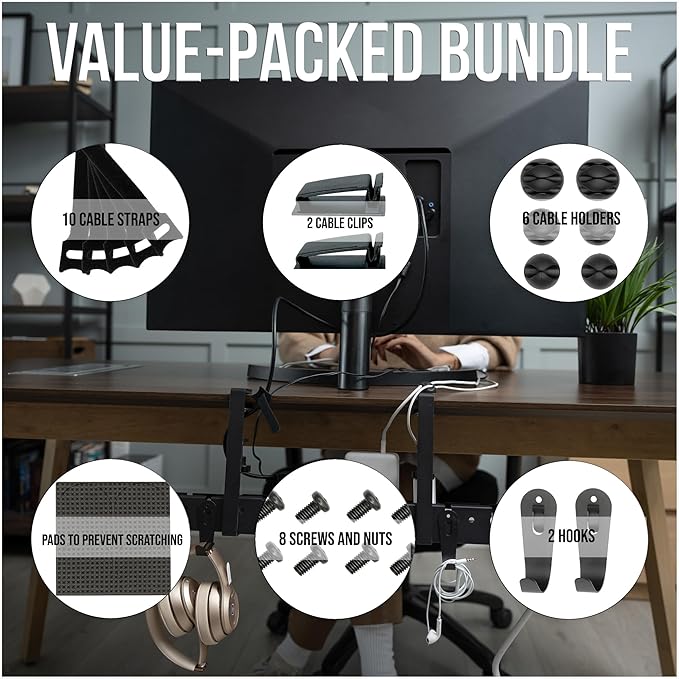 No Drill Under Desk Cable Management Tray - Extendable 16" to 31" Sturdy Steel Desk Cord Hider Raceway - Under Desk Cable Tray Holder with 38 Wire & Cable Rack Organizer Accessories - Black