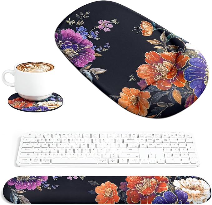 Ospelelf Wrist Rest for Keyboard and Mouse Ergonomic Mouse Pad with Wrist Support Memory Foam Wrist Rest for Computer Keyboard,3-in-1 Gel Mouse and Keyboard Pad for Office Black Flower