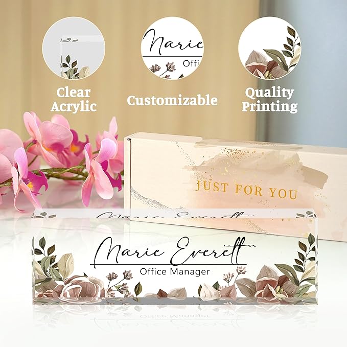 Custom Desk Name Plate, Personalized Acrylic Office Decor, Employee Appreciation Gifts for Boss, Manager, Teacher, Nurse (Threadlike Flower)