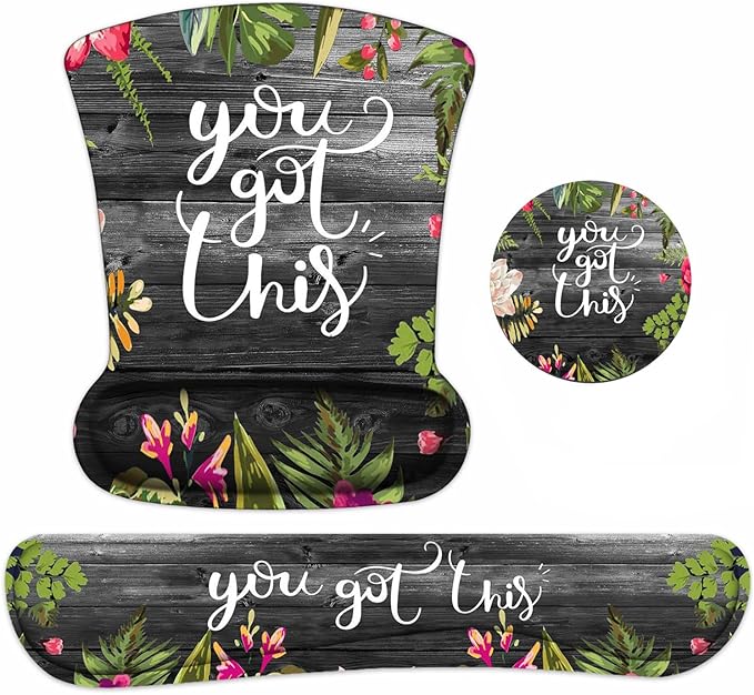 Keyboard and Mouse Wrist Rest Support Set With Coasters - You Got This Inspirational Quote Pad With Non-Slip PU Base for Home Office Working Studying Easy Typing & Pain Relief