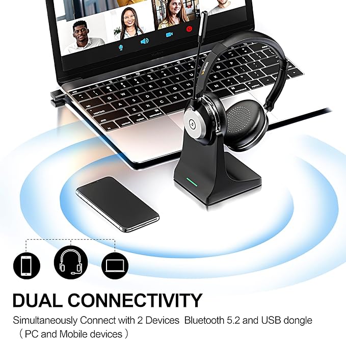 Wantek Wireless Headset with Microphone for Work,Bluetooth Headset with AI Noise Cancelling Mic,Mute Button,USB Dongle & Charging Base with Laptop,Computer,Cell Phone,Remote Work,Call Center