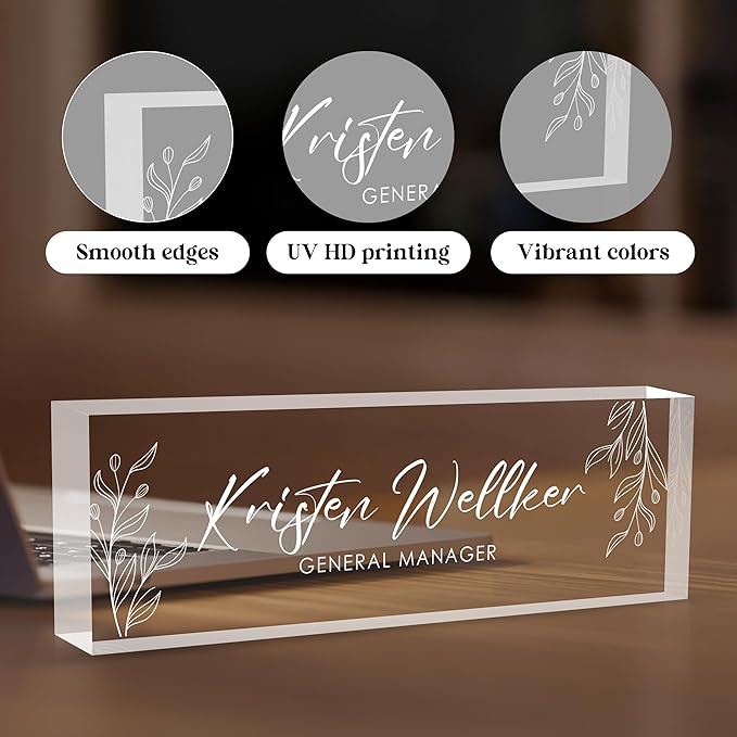 Custom Office Name Plate for Desk, Desk Name Plate Personalized, Personalized Gifts for Women, Appreciation Gifts for Employee Coworkers Boss Teacher, Office Accessories (Engrave Leaves)