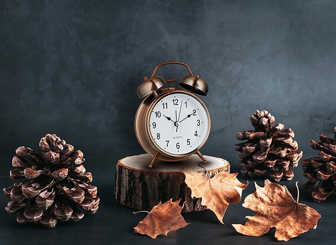 Bernhard Products Analog Alarm Clock Twin Bell Retro Copper Metal 4" Extra Loud Quartz Battery Operated with Backlight for Bedside Table Vintage Silent Non-Ticking Old fashioned Decorative Desk Clocks