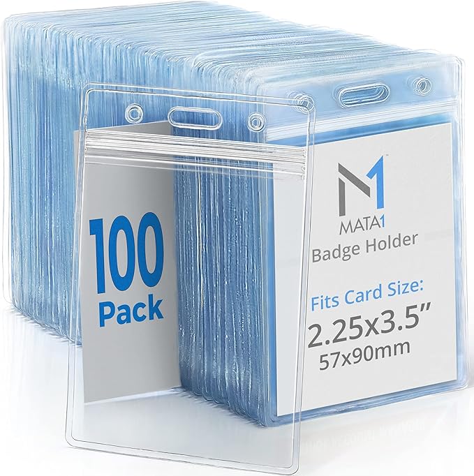 Mata1-USA Extra-Thick Vertical ID Name Badge Holder (Clear, 2.25x3.5 Inch, 100 Pack), Plastic Nametag Card Holders with Zipper