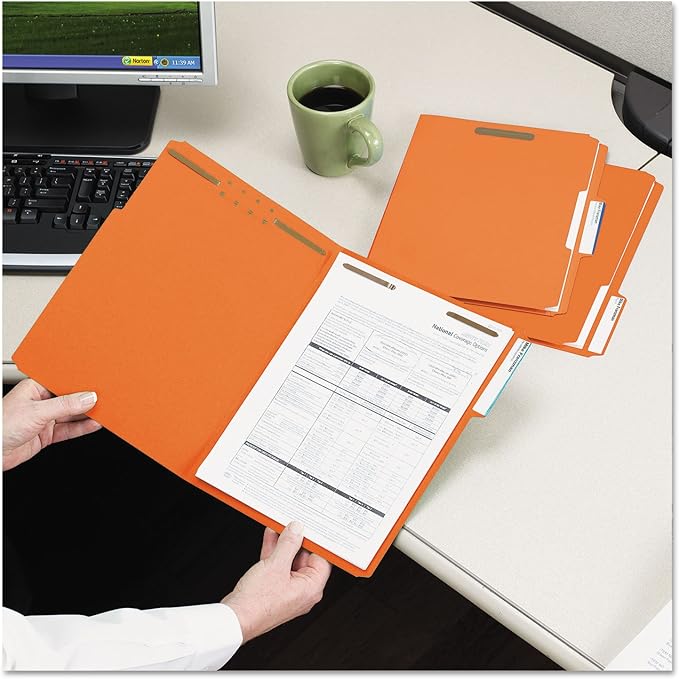 Smead Fastener File Folders, Reinforced 1/3-Cut Tabs, 2 Fasteners, Letter Size, Orange, 50 per Box (12540)
