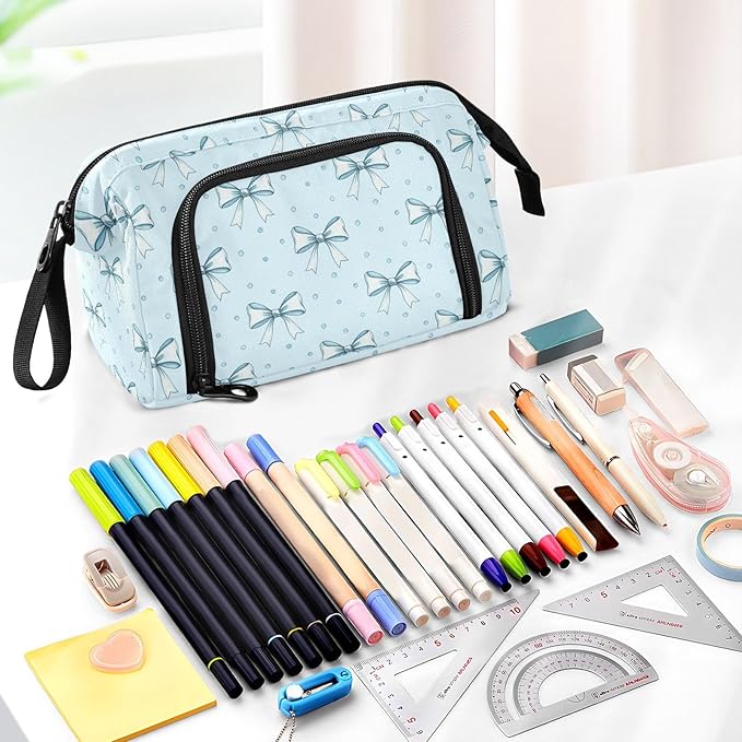 Blue Ribbon Bow Pencil Case Pouch Big Capacity Pencil Bag Box Organizer Pen Case with Handle Stationery Organizer for Kids Boys Girls College