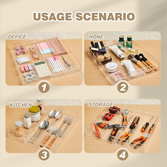 1 PC Acrylic Desk Drawer Organizer 2 Inch Height Expandable Drawer Organizer Trays with 8 Adjustable Compartments Desk Accessories for Makeup Silverware Office Bathroom(Clear,Stylish)