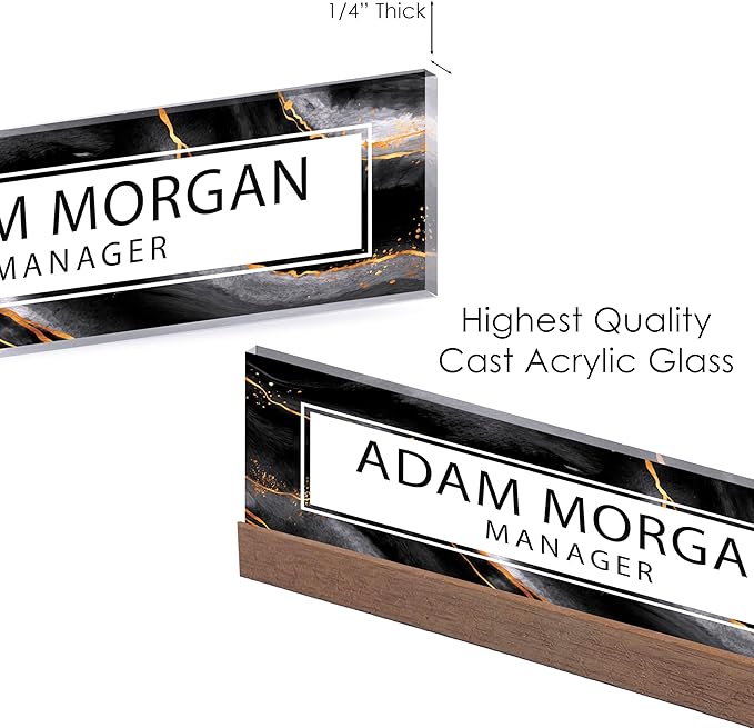 ARTBLOX | Office Personalized Name Plate Black Gold Marble Design On Clear Acrylic Glass for Desk with Business Card Holder