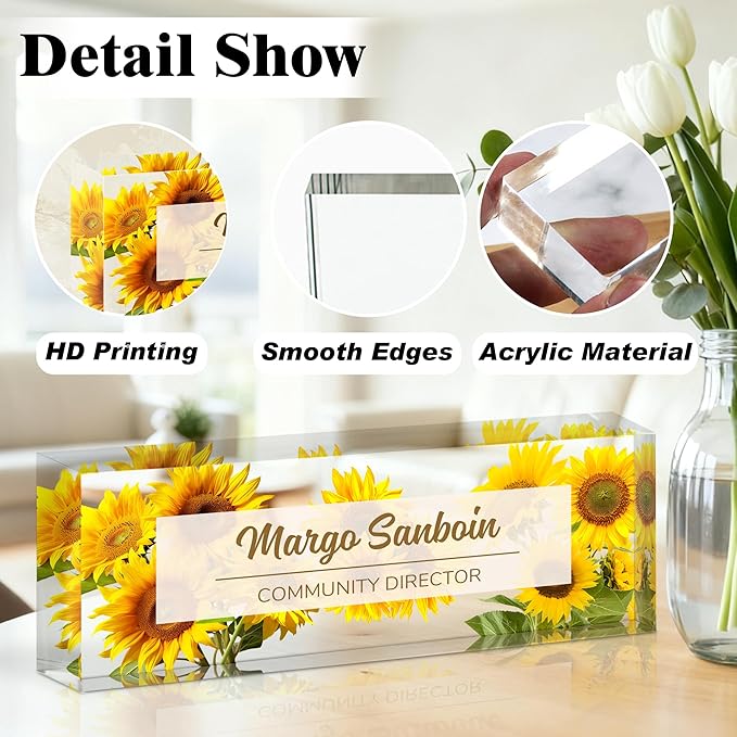 Ship Next Day-Custom Name Plate for Desk, Desk Name Plate Personalized, Acrylic Office Desk Accessories, Appreciation Gifts for Coworkers Employee Teachers Boss Women Men (Sunflower)