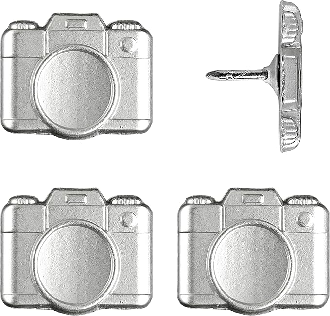 Camera Push Pins - Silver Metal Camera Pins - for Cork Board, Maps, or Lapel Pin Use - Designed in USA - Set of 4