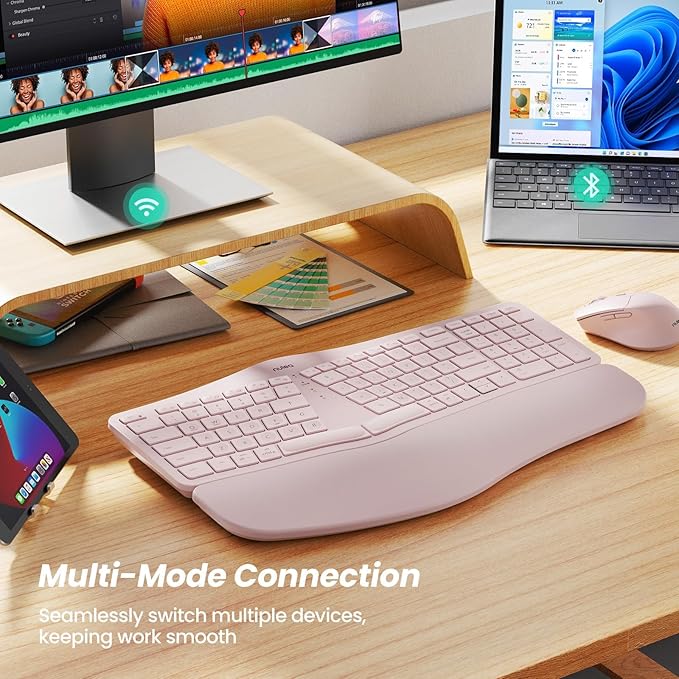 Nulea KM75 Wireless Keyboard and Mouse Combo, Comfortable Natural Typing, Palm Rest, Multi-Device (Bluetooth, 2.4G, Wired), Rechargeable, for Multi-OS, Windows, Mac, Android (Light Pink)