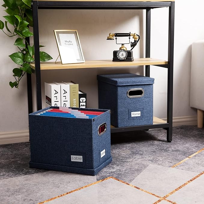 PRANDOM File Organizer Box - Set of 4 Collapsible Decorative Linen Filing Storage Hanging File Folders with Lids Office Cabinet Letter Size Navy Blue (14x9.3x10.8 inch)