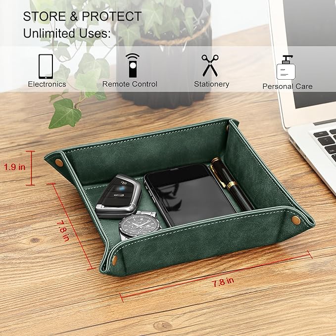 SITHON Valet Tray Desktop Storage Organizer – Premium PU Leather Catchall Bedside Vanity Tray Nightstand Caddy Holder for Remote Controller, Keys, Phone, Wallet, Coin, Jewelry, Dark Green