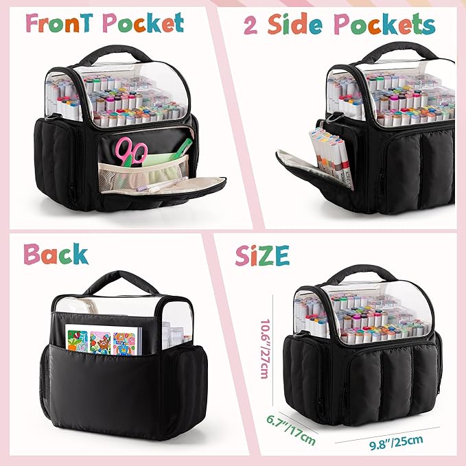 Puffy Marker Organizer Case for 210 Markers, Large Marker Storage Bag with Shoulder Strap for Adults, Artists, Teachers, Coloring Enthusiasts, Marker Holder Organizer, Black (Patented Design)