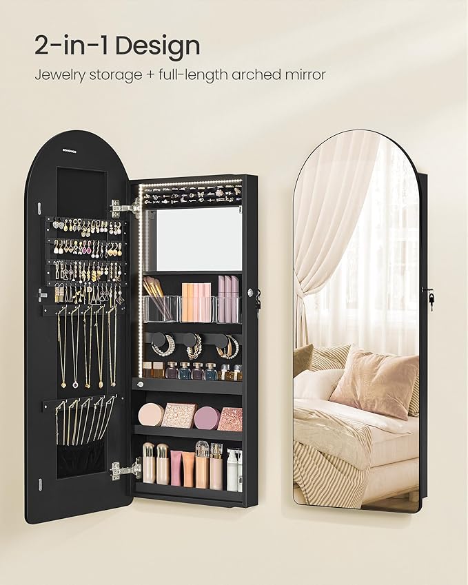 SONGMICS Wide Jewelry Organizer, LED Jewelry Cabinet Wall/Door Mounted, Arched Mirror with Storage, Lockable, Rounded Corner, Interior Mirror, 3.9 x 16.5 x 42.5 Inches, Ink Black UJJC020B01