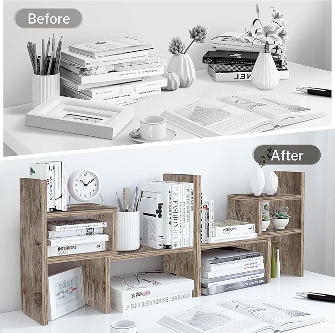 Jerry & Maggie Office Desk Organizers and Accessories for College Dorm Decor, Supplies Wooden Desk Organizer for Plants, Cubicle Shelf of Makeup Organizer for Cute Room Decor, Grey Oak