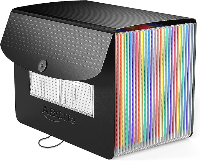 ABC life 26 Pockets Expanding File Folder, Letter A4 Accordion File Organizer, 3 Tab File Folder, Portable Monthly Paper Bill Tax Receipt Organizer with Colorful A-Z Alphabetical Tabs - Black