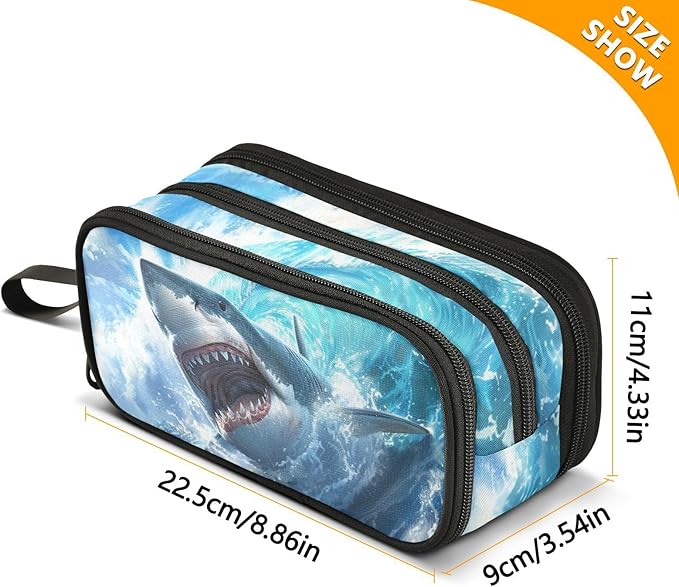 Shark Blue Ocean Wave Pencil Case Box Boys Girls Large Pencil Pouch with Zipper Compartments Big Capacity Stationery Pen Bag Organizer for Kids Teens Adults School