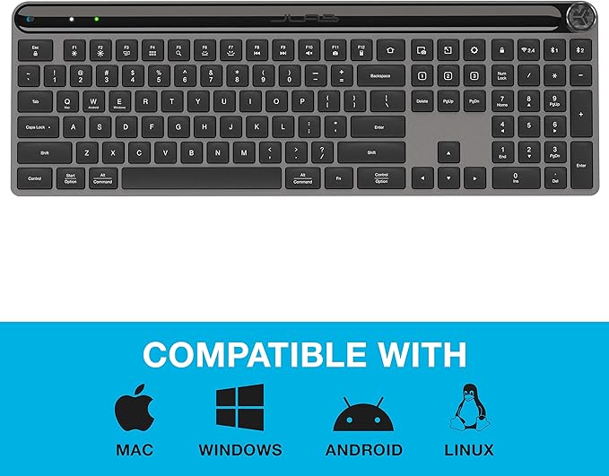 JLab Epic Wireless Keyboard, Black, 108 Keys, Connect Via Bluetooth or USB Wireless Dongle, Multi-Device Toggle, Soft Touch Keys, Smart Media Knob, Custom User Profiles, Rechargeable (1 Pack)