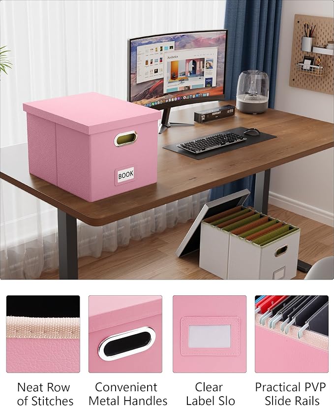 Oterri File Organizer Box,Filing Box with Lid,File Box for Letter/Legal File Folder Storage, Portable Hanging File Box for Office/Decor/Home,1 Pack, Pink(Leather),Box only