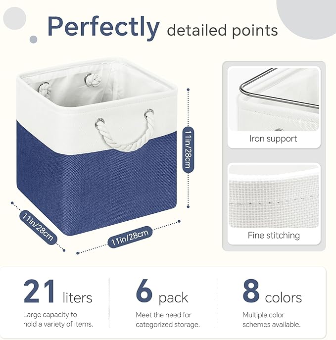 Cube Storage Baskets, 6 Pack 11x11 inch with Cotton Handles for Closet, Shelves, Clothes, Towel (White/Navy Blue)