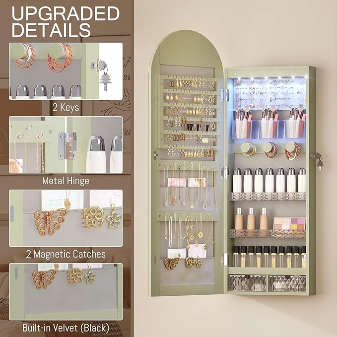 LVSOMT Wall Mounted Jewelry Organizer Lockable, Door Hanging Arched Mirror with Lights and Jewelry Storage, 6 LEDs Jewelry Cabinet (Laurel Green)