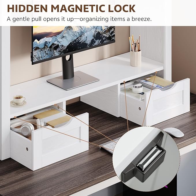 Desktop Bookshelf with Computer Monitor Stand, 37.4''W Desk Shelf Display Rack, Desktop Organizer Storage Rack with 4 Cubbies and 2 Drawers, 5-Tier Desk Hutch for Home, Office, Dorm, Vanity