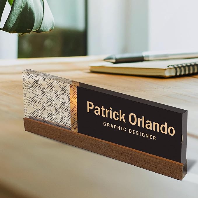 Artblox Personalized Office Desk Name Plate and Business Card Holder | Clear Acrylic Glass with Teak Wood Stand | Abstract Net Design Customized with Your Name and Credentials Office Desk Décor