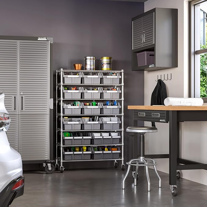 Seville Classics Heavy Duty NSF Bin Rack Solid Steel Wire Shelving Storage Unit, Patented Organizer for Garage, Warehouse, Office, Restaurant, Classroom, Kitchen, Gray, Includes 16 Bins