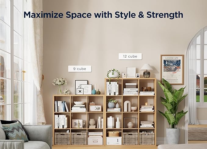 12-Cube Storage Organizer, Wooden Cube Shelf Bookcase with Reinforced Thick Shelves, Heavy-Duty 36.93" L x 9.37" W x 48.82" H, for Living Room Bedroom Home Office, Natural-Oak
