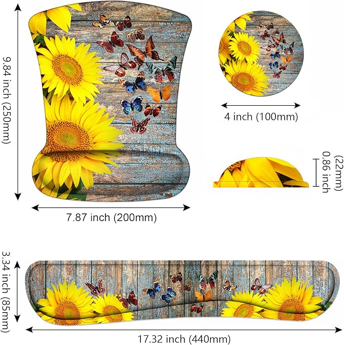 Keyboard Wrist Rest and Mouse Pad Wrist Support Set with Coasters, Non-Slip PU Base Ergonomic Gaming Mousepad for Computer Laptop Home Office Easy Typing & Pain Relief - Sunflower and Butterfly