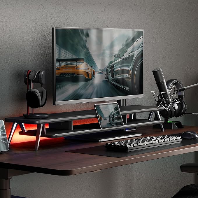 Fenge Dual Monitor Stand, Monitor Stands Riser for 2 monitors, 42.5 Inch Wood Desk Shelf with Storage Organizer and Cable Management for Office Desk Accessories