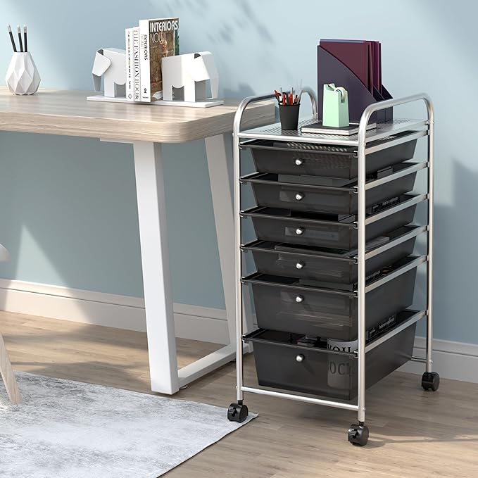 Happygrill 6-Drawer Organizer Cart Tools, Mobile Utility Storage Cart with Removable Drawers & Lockable Wheels, Rolling Storage Cart with Wheels for Home Office,Black