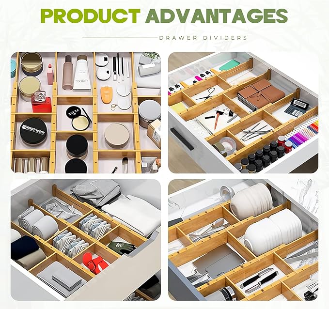 Bamboo Drawer Dividers 4PCS with Inserts, Expandable Kitchen Utensil Drawer Organizers,Adjustable drawer organizer for deep drawers Dresser Closet Underwear Storage Bedroom Bathroom Drawers(16.6"-22")