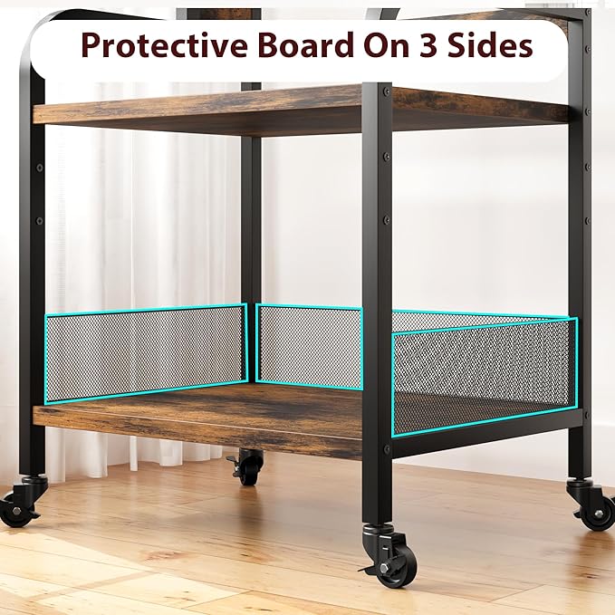 GarveeLife Printer Stand with Power Outlets, 3-Tier Rolling Printer Table with Lockable Wheels, Heavy Duty Printer Cart with Adjustable Shelves, Utility Storage Cart for Home, Office, Brown