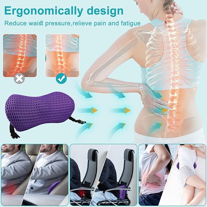 Lumbar Support Pillow,a backrest Pillow Used to Relieve Lower Back Pain,ergonomically Designed with Straps That can be Easily Secured to Office Chairs,Cars,beds,and Other Items.Purple