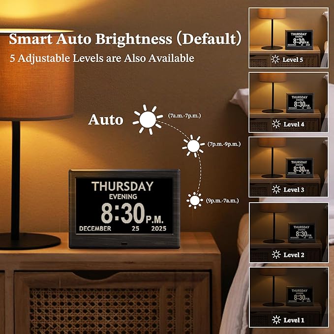 7'' Dementia Clock For Seniors, Large Display Digital Clock With Date, Time, Day Of Week for Elderly, Alzheimer, 1024*600P HD, 10 Reminders & 7 Alarms, Auto Dimming & DST, Remote Control, Woodgrain