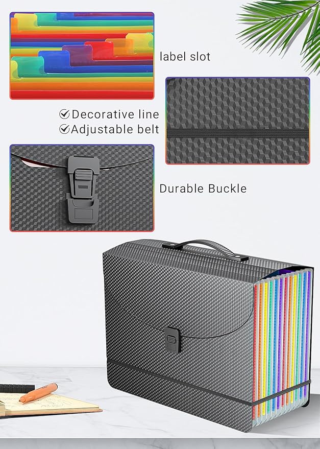 Accordion File Organizer/Expanding File Folder with Handle,13 Pockets Filing Box,Perfect for Desktop Standing/Portabe Document Paper Organizer,A4/Letter Size,Monthly/Blank Tabs,Black Diamond