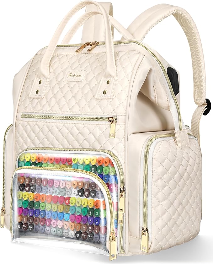 Marker Organizer Case Bag, Large Markers Storage Backpack with USB Port for Artists, Illustrators, Creatives, Pen Travel Holder Case Bag for Art Creativity Craft Supply, Beige