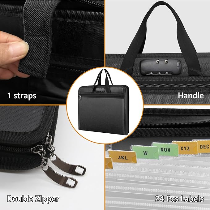 File Organizer Fireproof Expanding Accordion File Folder with Lock Zipper Labels13 Pockets Document Organizer Holder Storage Box Bag for Business Office Receipt Home Travel
