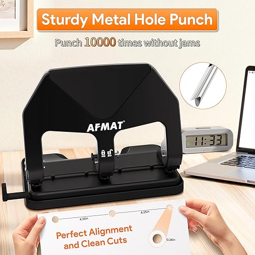 AFMAT Heavy Duty 3 Hole Punch, 50-Sheet Capacity, 50% Reduced Effort Three Hole Puncher for Binder, 10K+ Uses, Large Chip Tray, Adjustable Paper Guide, Office Metal Paper Puncher 3 Ring HP20(Black)