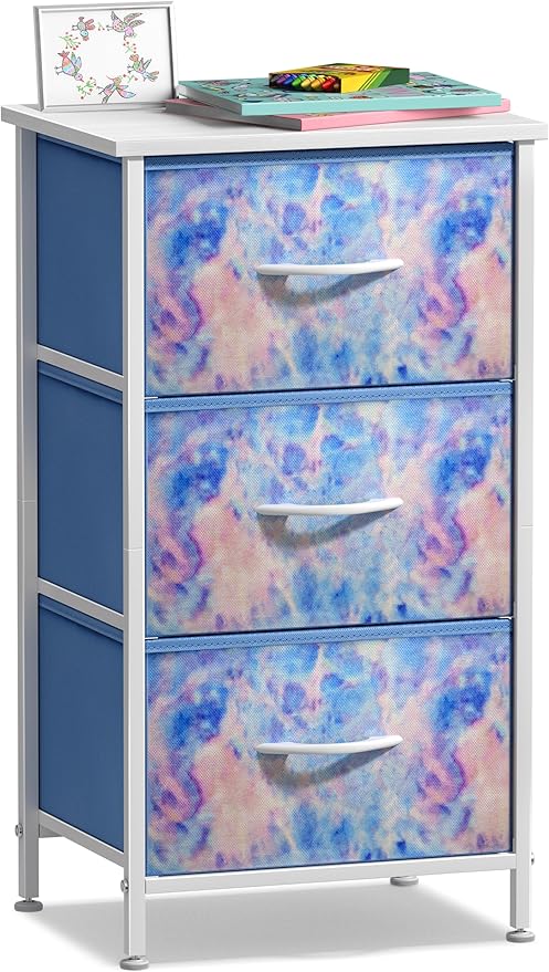 Sorbus Nightstand with 3 Drawers - Bedside Furniture & Accent End Table Chest for Home, Bedroom, Office, College Dorm, Steel Frame, Wood Top, Easy Pull Fabric Bins (3-Drawer, Pastel Tie-dye)