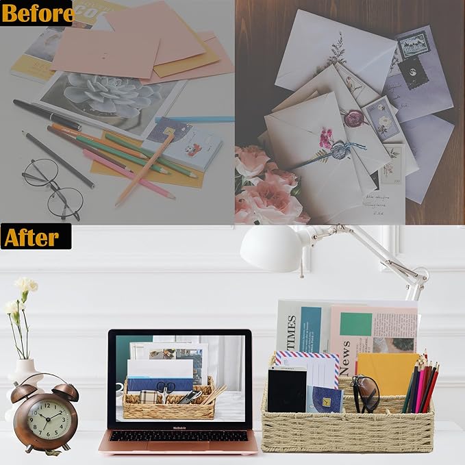 Rattan Mail Organizer - Countertop, Desk, Bills, Woven Basket, Magazine Holder, Mail Sorter, Hobo Organizer，Beige