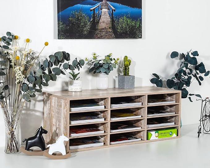 PAG Mail Sorter Wood Countertop Literature Organizer, Student Mailbox for Classroom, Desktop Bill Paper Holder Rack for Office Home School, 12 Compartments, Retro White