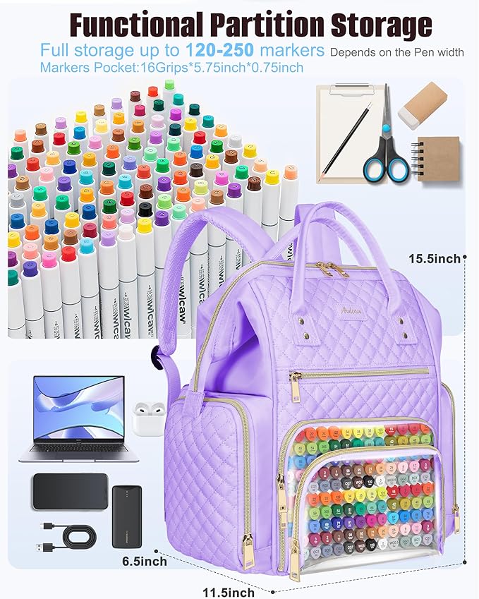 Marker Organizer Case Bag, Large Markers Storage Backpack with USB Port for Artists, Illustrators, Creatives, Pen Travel Holder Case Bag for Art Creativity Craft Supply, Purple