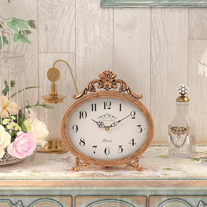 Abdurey Vintage Table Clock on Stand,Desk and Shelf Decorative Clock,French Rustic Style Mantel Clocks,Metal Frame Antique Gold Finish,Farmhouse,Bedroom, Bedside,Living Room,Gift Clocks