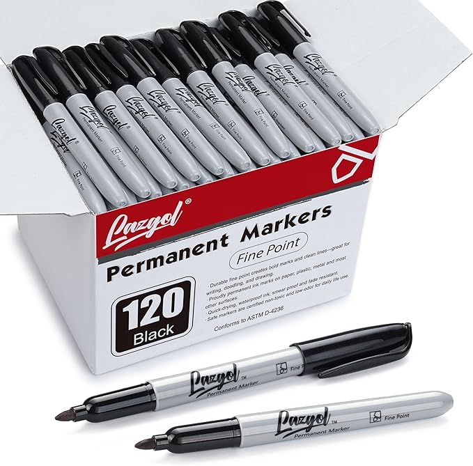 LAZGOL Permanent Markers Bulk, 120 Pack Fine Tip Black Permanent Markers, Waterproof Markers, Premium Smear Proof Pens, Quick Drying, Office Supplies for School, Office, Home
